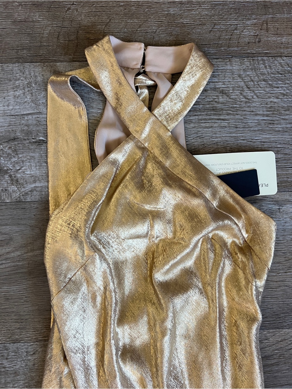 Adrianna Papell Foiled Mermaid Gown With Halter Neckline In Light Gold - Picture 8 of 8